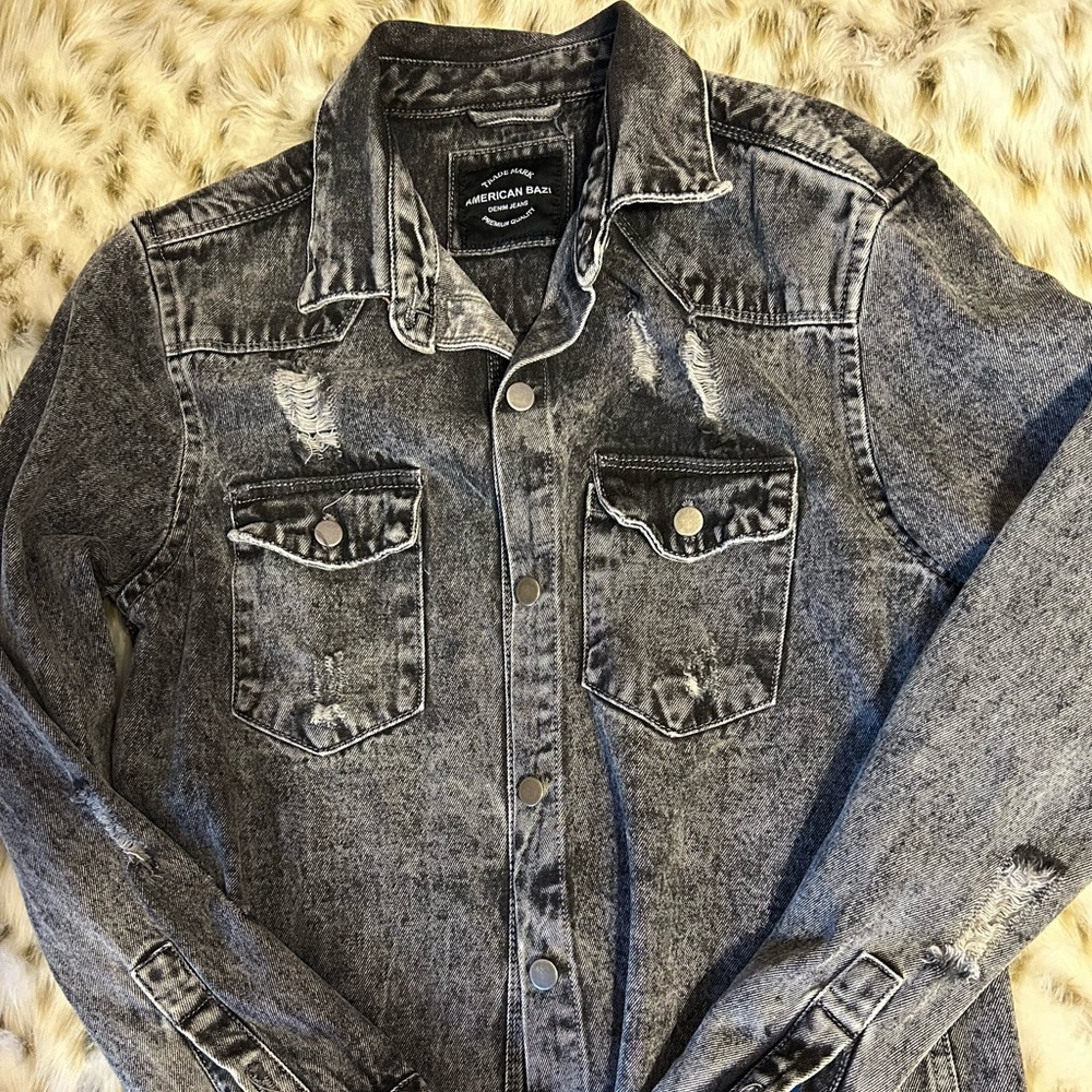 American Bazi Black Distressed Denim Jacket - Picture 9 of 11
